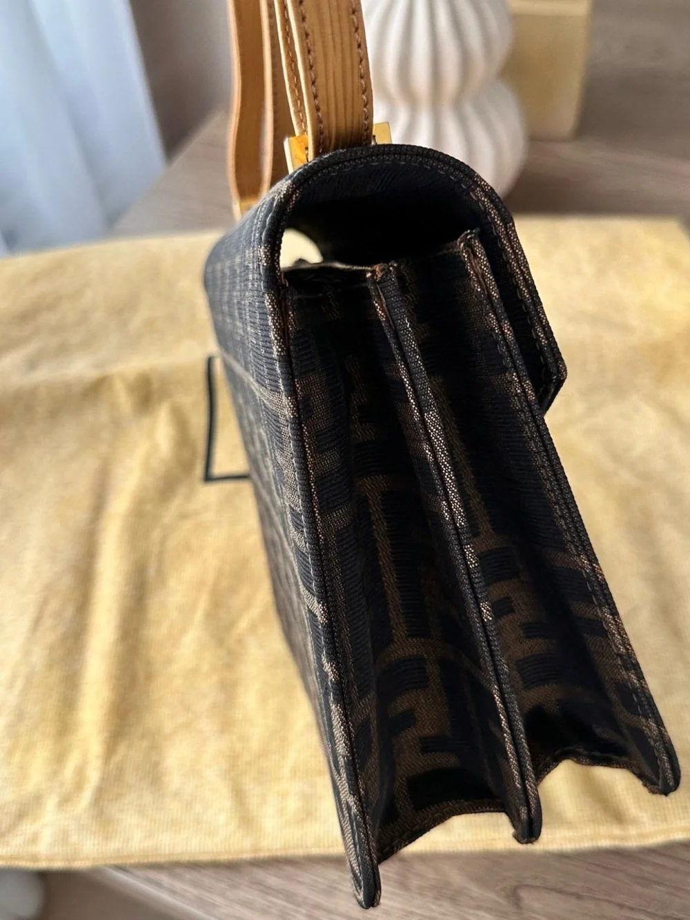 Fendi Brown FF Monogram Shoulder Bag with Tan Leather Strap